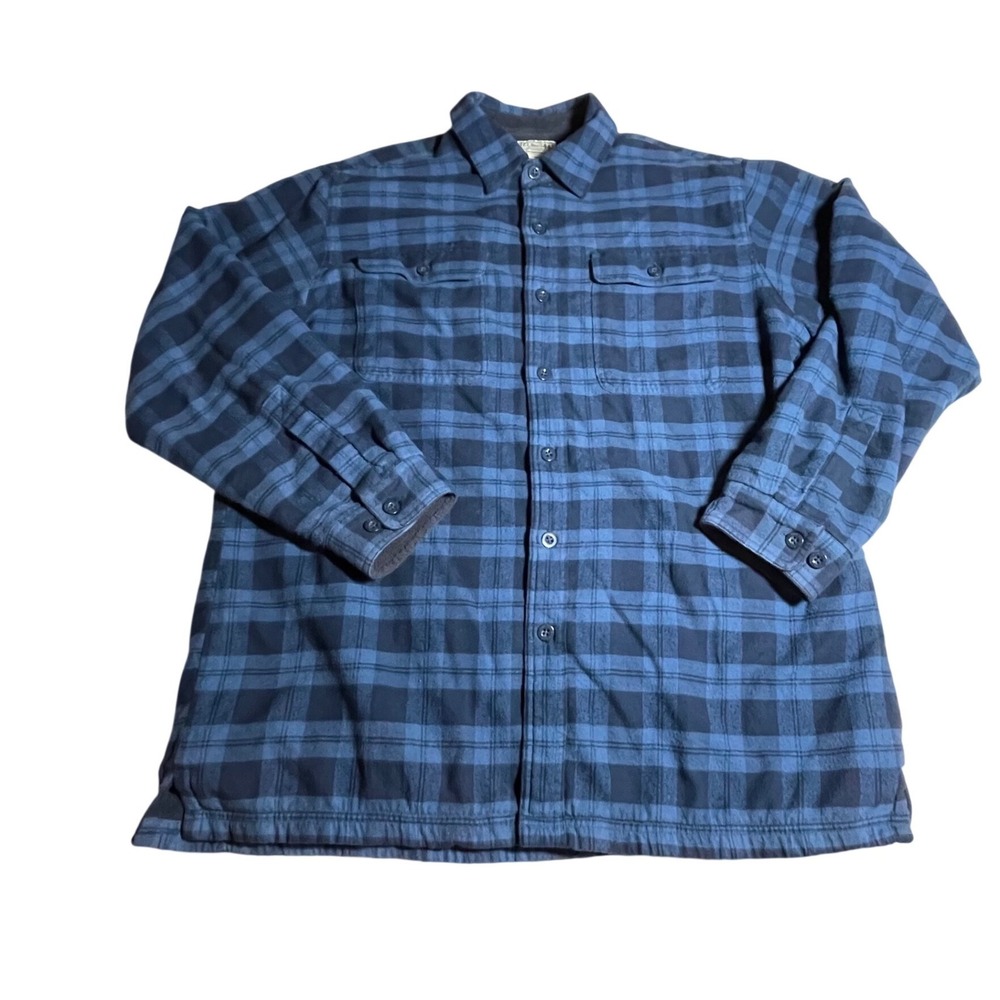 LL Bean Mens Blue Plaid Fleece Lined Flannel Shirt Jacket Large L-REG